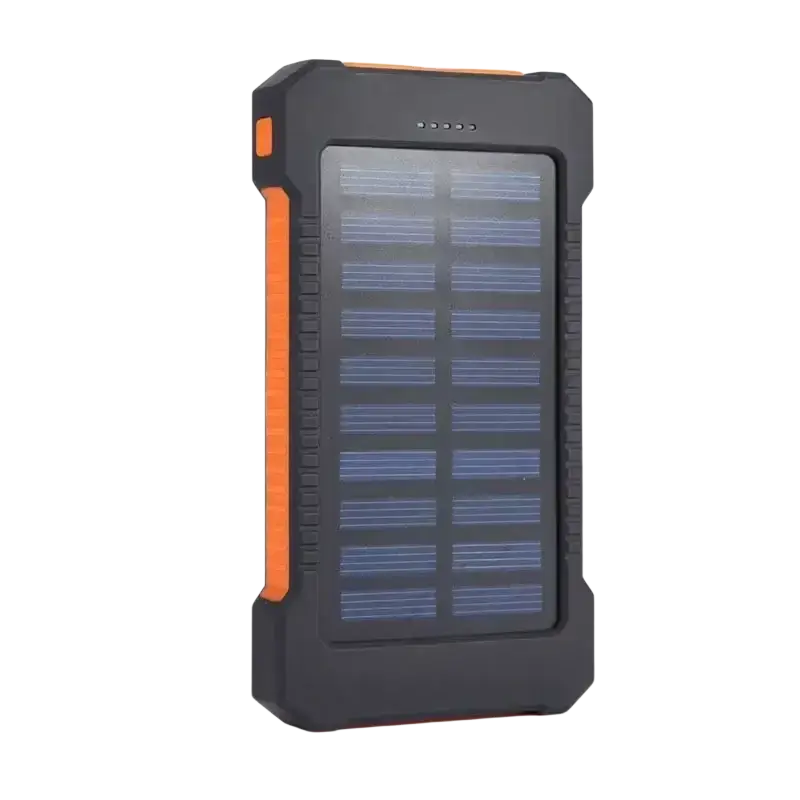 Black and orange rugged 20000mAh solar power bank with dc5v dual usb and textured grip for outdoor use