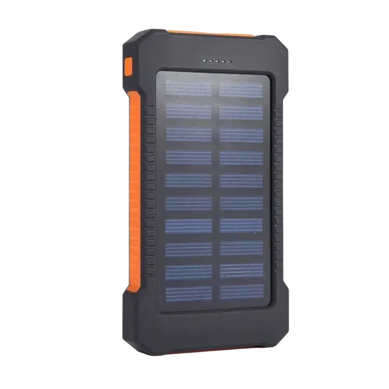 Black and orange rugged 20000mah solar power bank with textured grip dual usb ports and dc5v solar panel charging