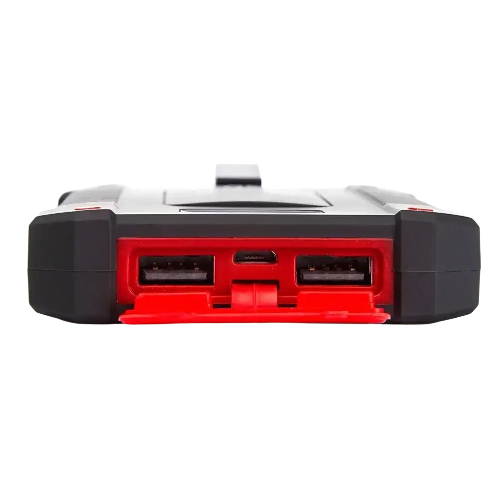 Black and red rugged 20000mah solar power bank with dc5v input, dual usb-a ports, and micro-usb port for charging