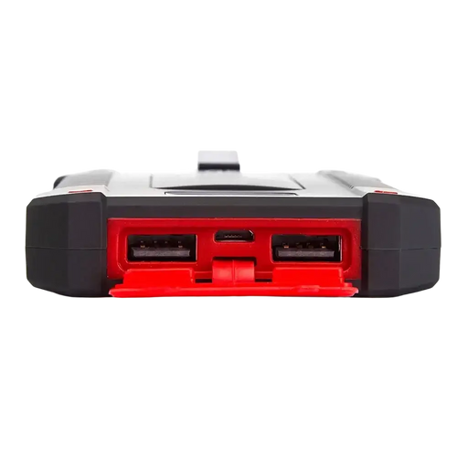 Black and red rugged 20000mah solar power bank with dc5v input, dual usb-a ports, and micro-usb port for charging