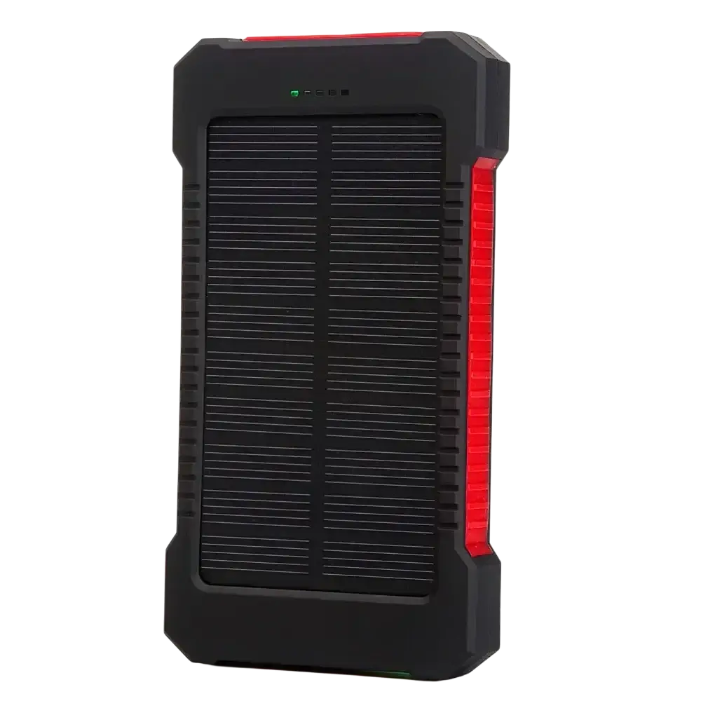 Black and red rugged 20000mAh solar power bank with textured edges dual USB dc5v and led indicator for outdoor use