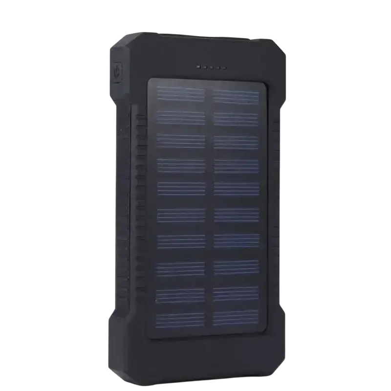 Black rugged 20000mAh solar power bank with textured grip built-in led indicator lights dc5v dual usb ports