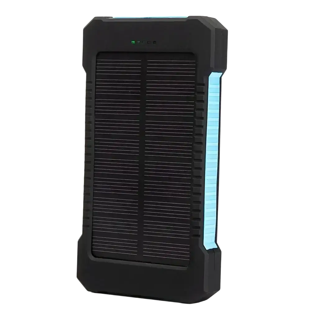 Black rugged 20000mah solar power bank with dc5v dual usb ports, glowing blue led strip, and green indicator lights