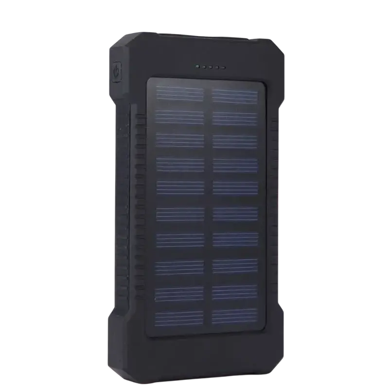 Black rugged 20000mah solar power bank with textured grip dc5v dual usb solar panel and built-in led indicator lights