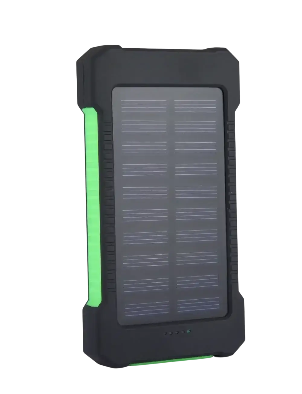 Black rugged solar power bank with dc5v dual usb and glowing green accent strip for portable charging