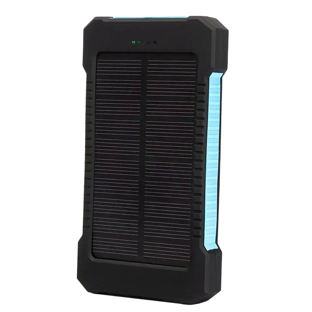 Black rugged 20000mah solar power bank with textured grip glowing blue led dc5v dual usb solar panel charger