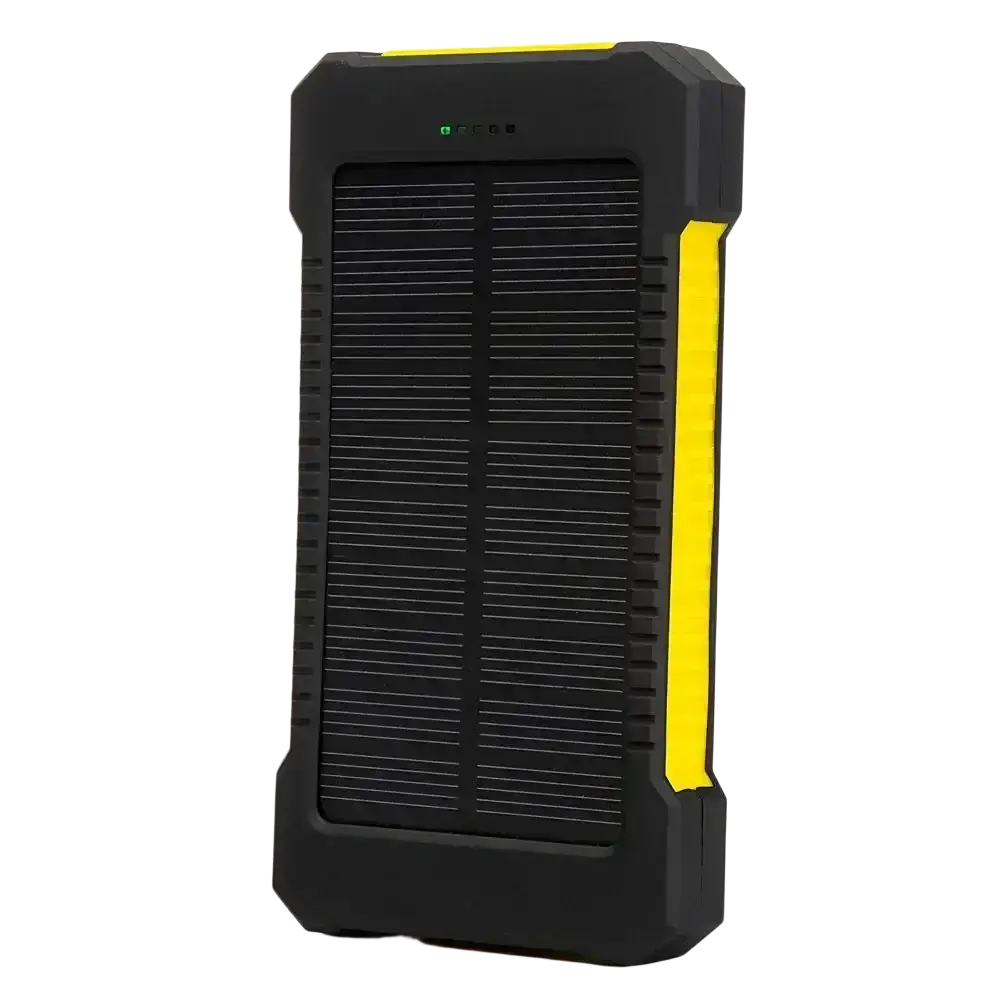 Black and yellow rugged 20000mah solar power bank with dc5v dual usb and textured grip design for outdoor use