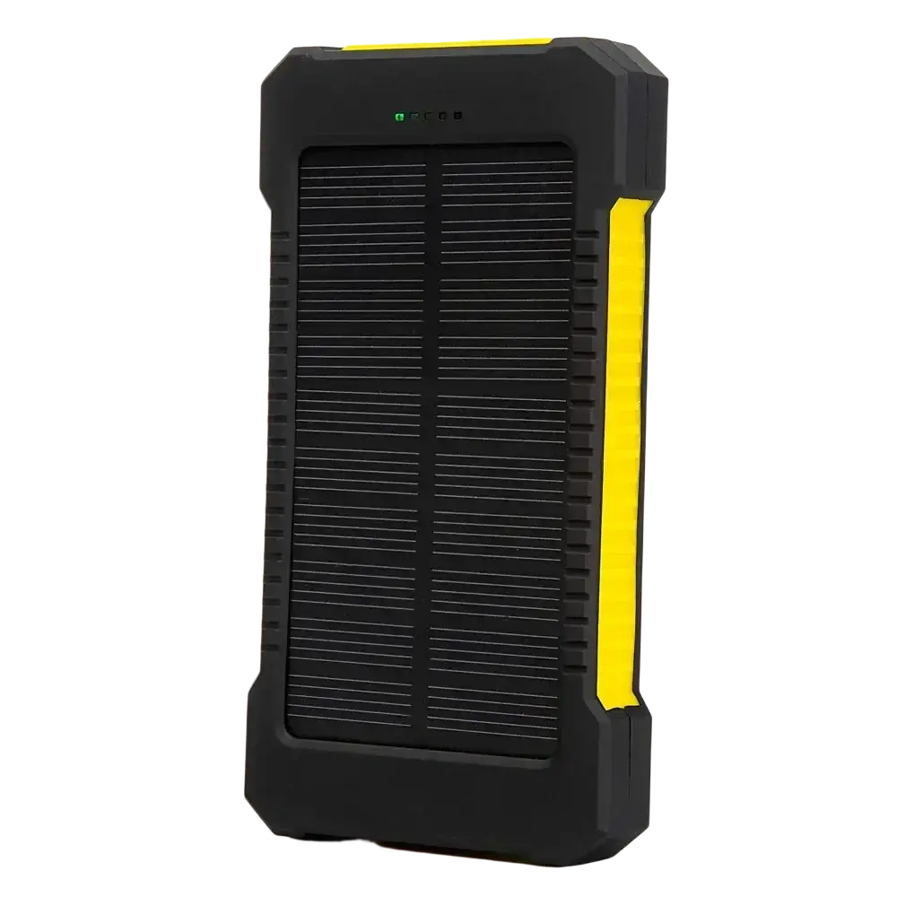 Black and yellow rugged 20000mah solar power bank with textured design and dc5v dual usb solar panel charging ports