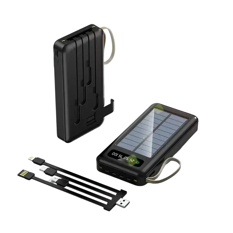 Black 20000mah solar power bank with digital display and keychain loop for fast charging portable use