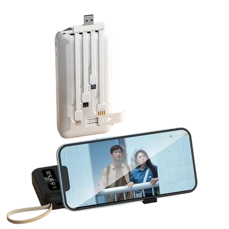 White 20000mah solar power bank with detachable four-wire design and lazy bracket for portable solar power charging