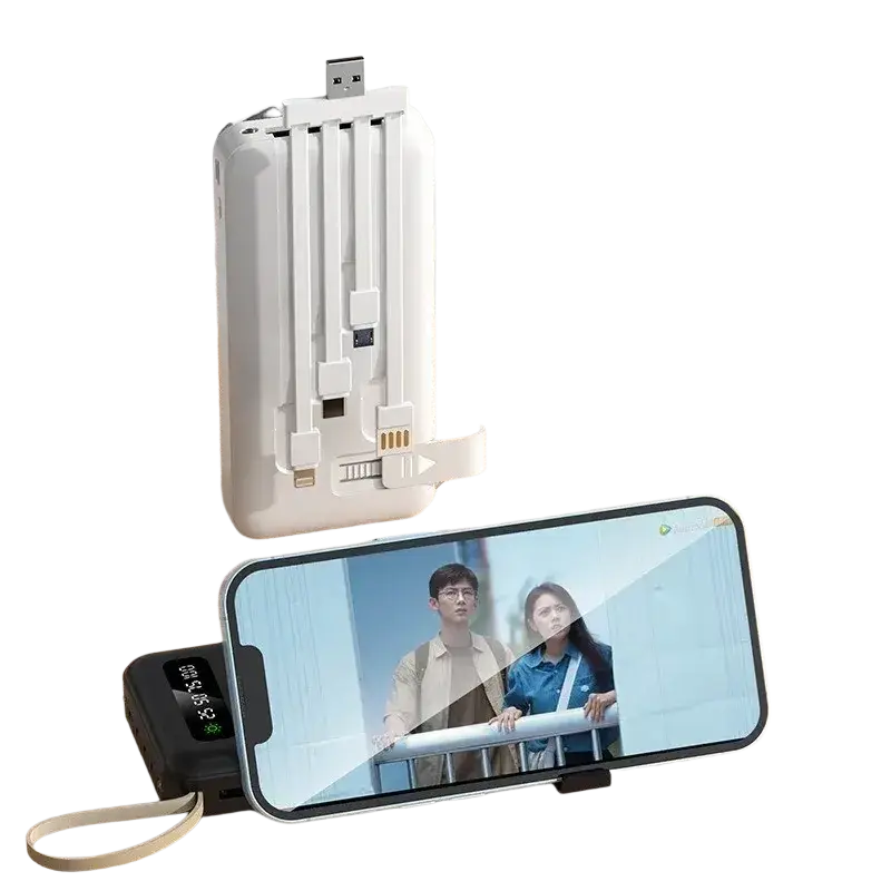 White solar power bank 20000mah with detachable four-wire design usb ports and lazy bracket for portable charging
