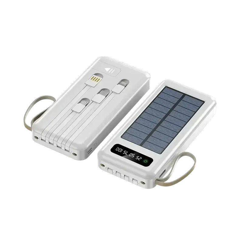 White 20000mah solar power bank portable charger with multiple usb ports and digital display for fast charging
