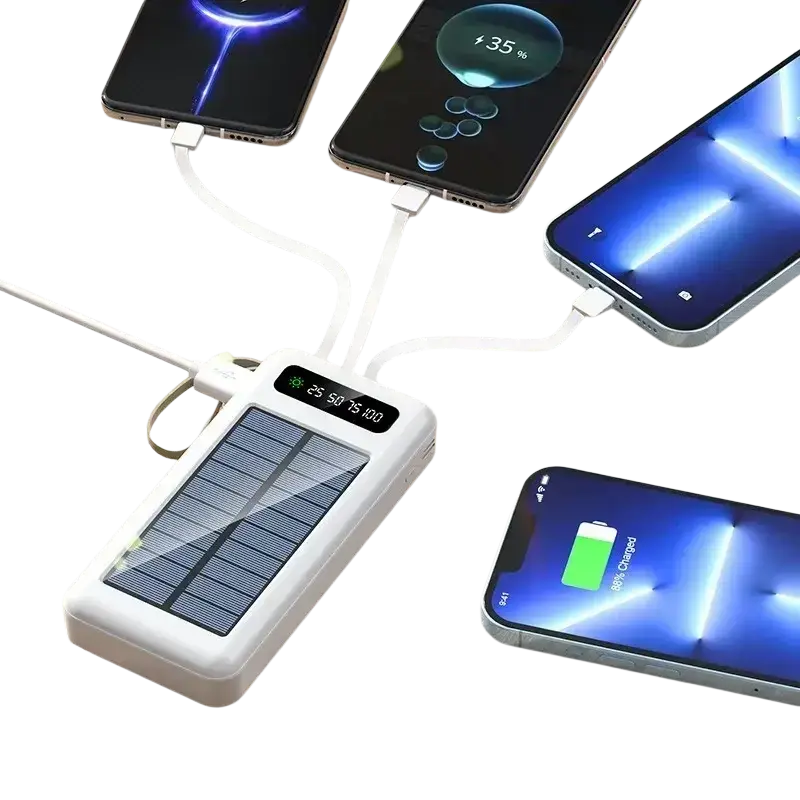 White 20000mah solar power bank portable charger with digital display and multiple usb ports for fast charging