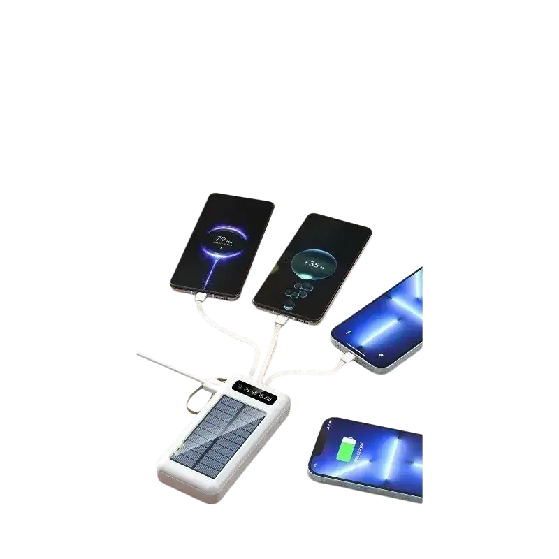 White 20000mAh solar power bank with multiple USB ports and digital display fast charging portable charger