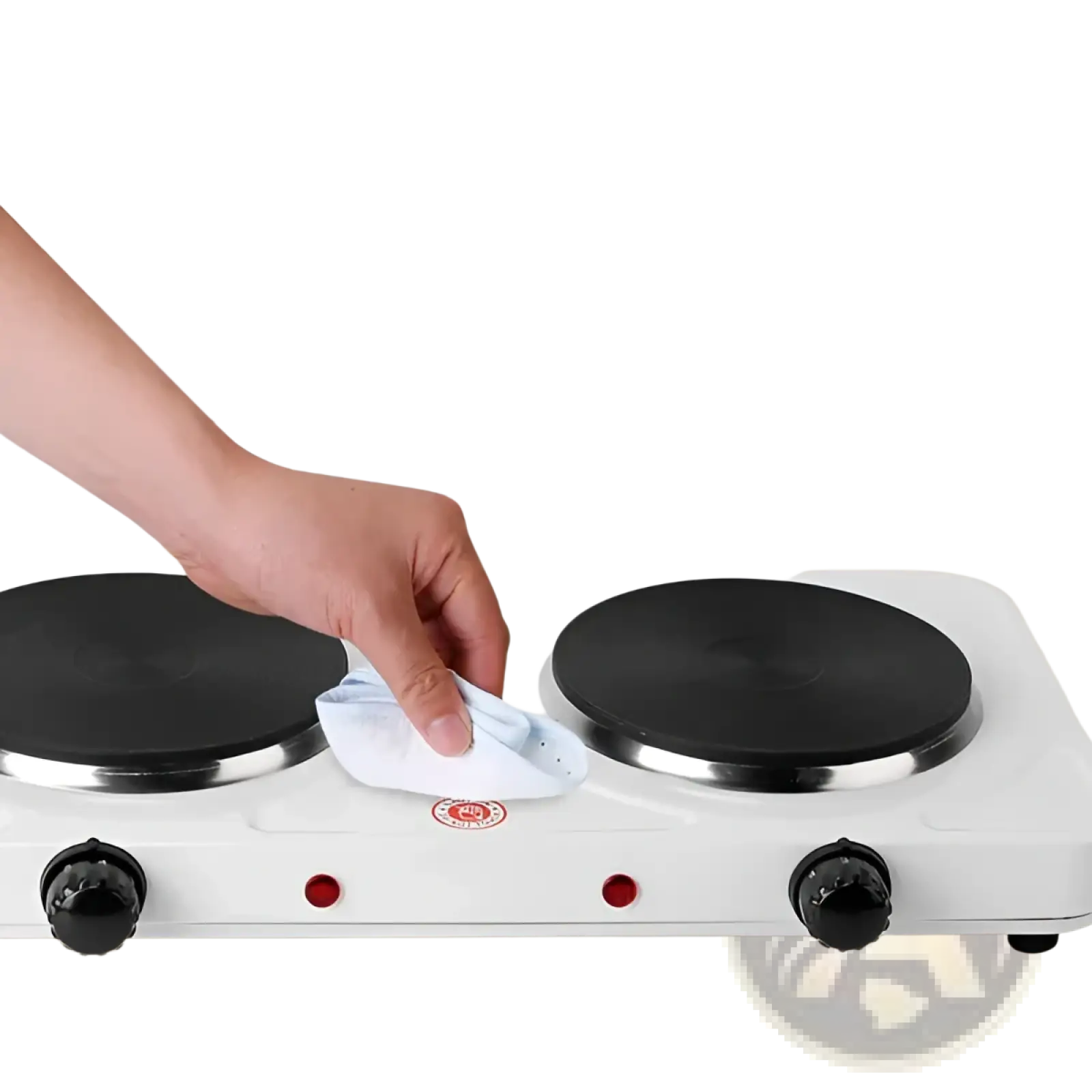 White 2000w double electric burner portable hot plate with two black heating elements and three control knobs