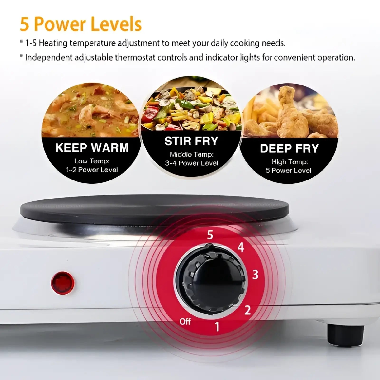 White 2000w double electric burner with black cooking surface and red dial featuring five power levels