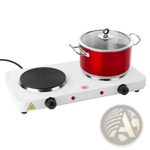 White 2000w double electric burner portable hot plate with two black heating elements and a red pot on one burner