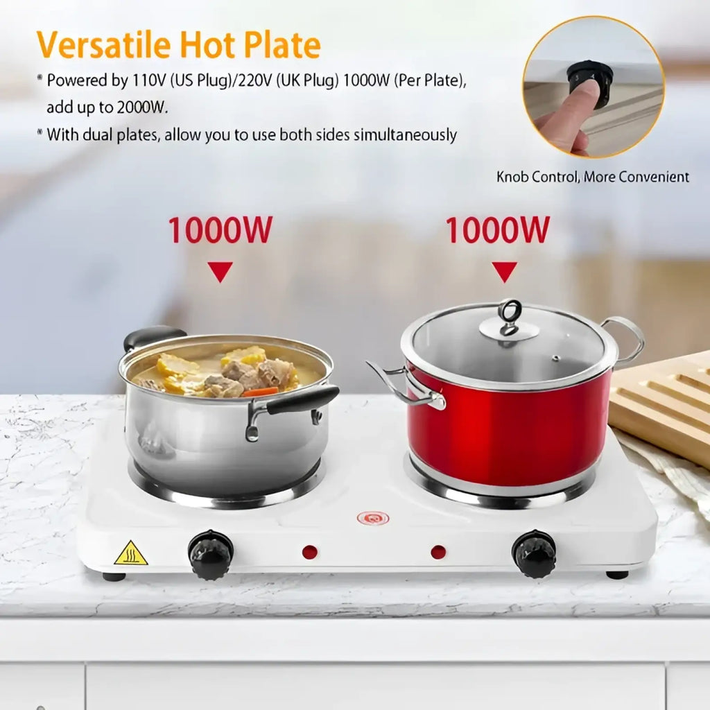 White 2000w double electric burner portable hot plate with dual 1000w silver and red heating plates and black knobs