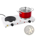 White 2000w double electric burner hot plate with black heating elements and red pot with stainless steel lid on burner