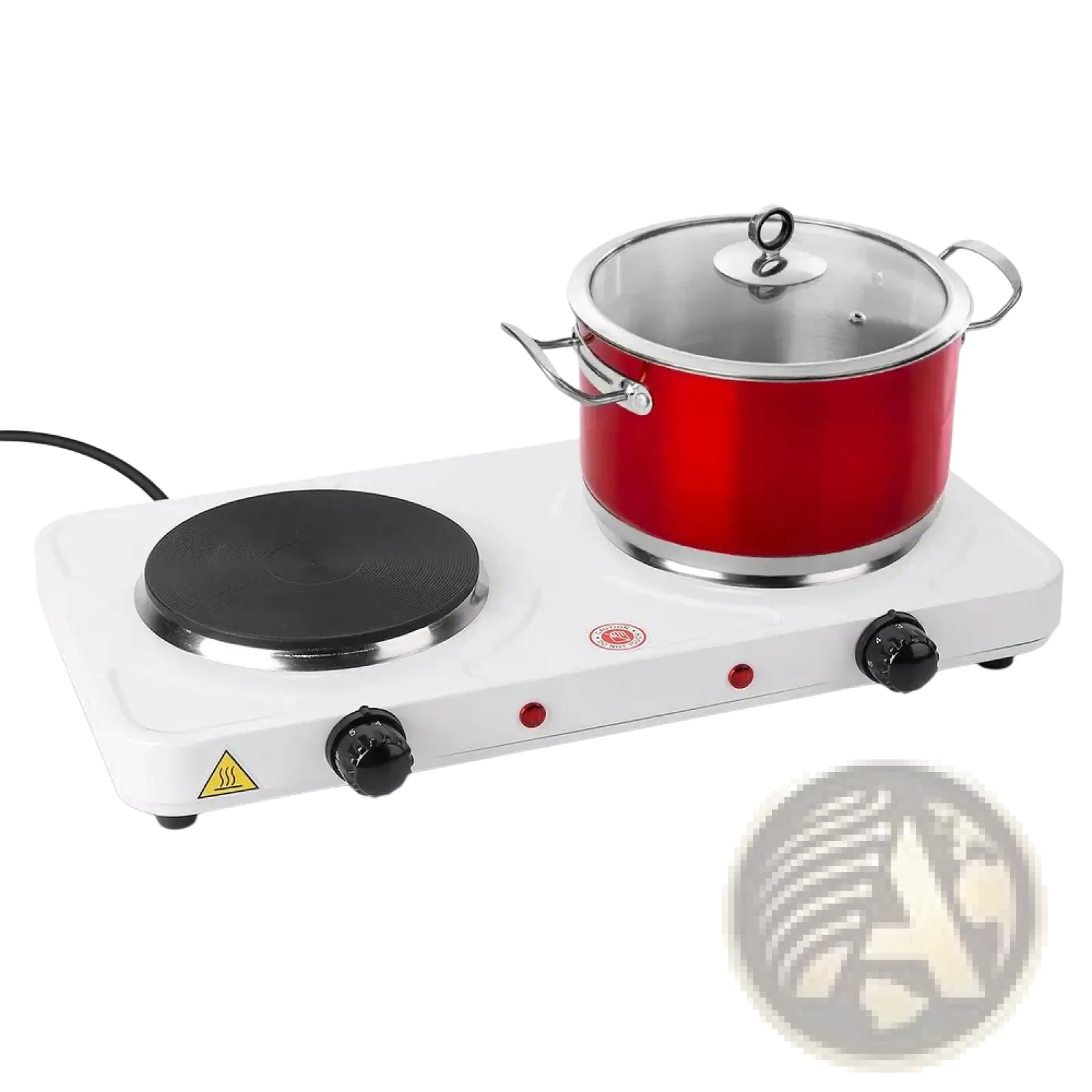 White 2000w double electric burner hot plate with black heating elements and red pot with stainless steel lid on burner