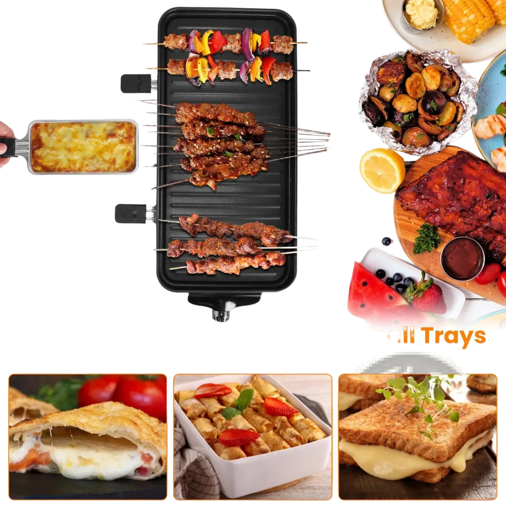Black 2000w electric indoor grill with three built-in raclette trays for melting cheese cooking sides and warming sauces
