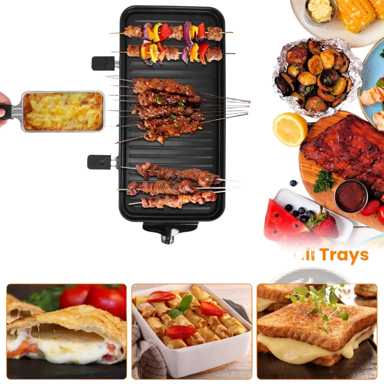 Black 2000w electric indoor grill with three built-in raclette trays for melting cheese cooking sides and warming sauces