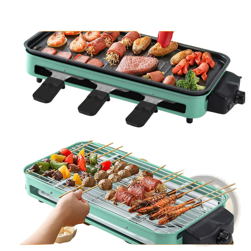 Teal and black 2000w electric indoor grill with dual cooking surfaces and 3 raclette trays for frying and grilling