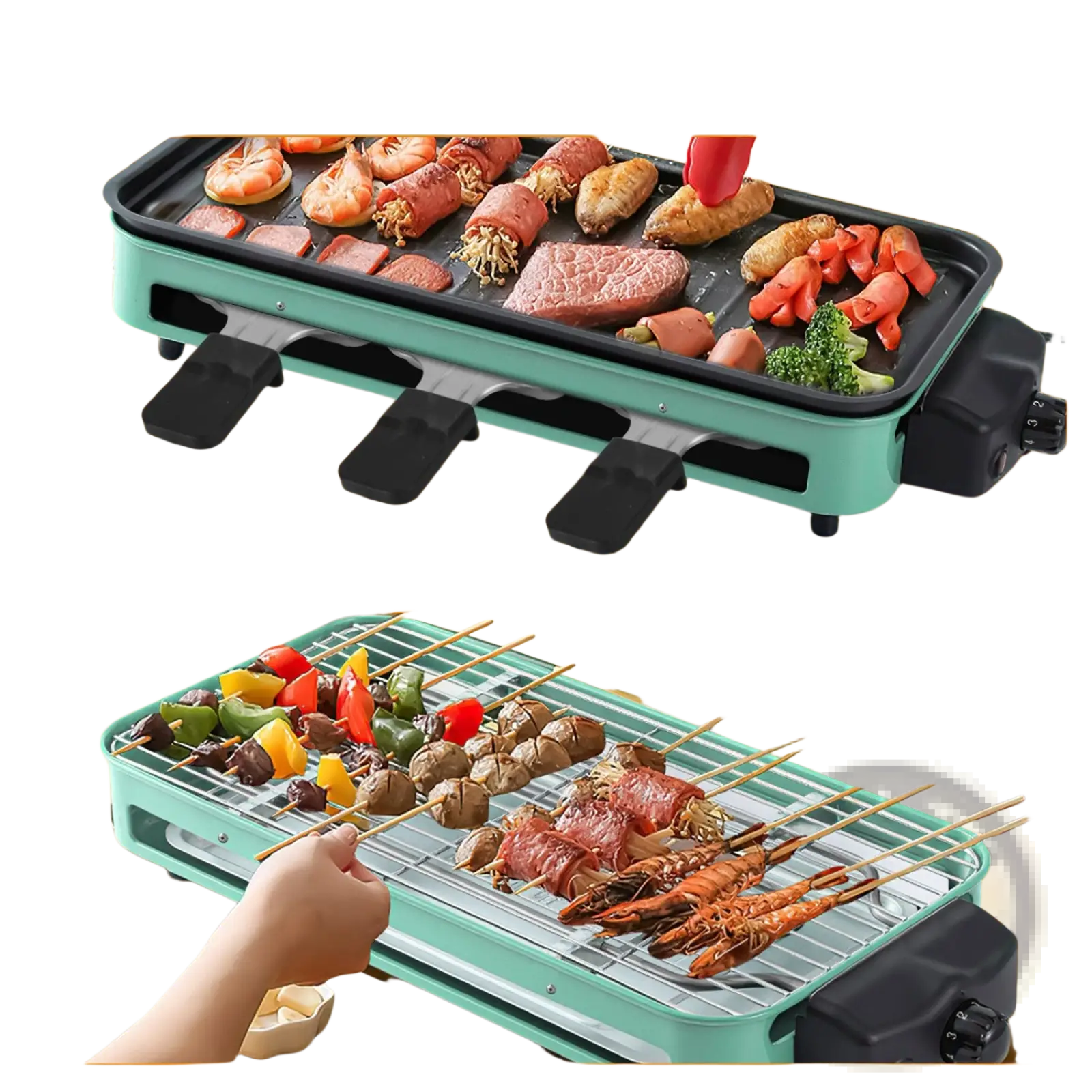 Teal and black 2000w electric indoor grill with dual cooking surfaces and 3 raclette trays for frying and grilling