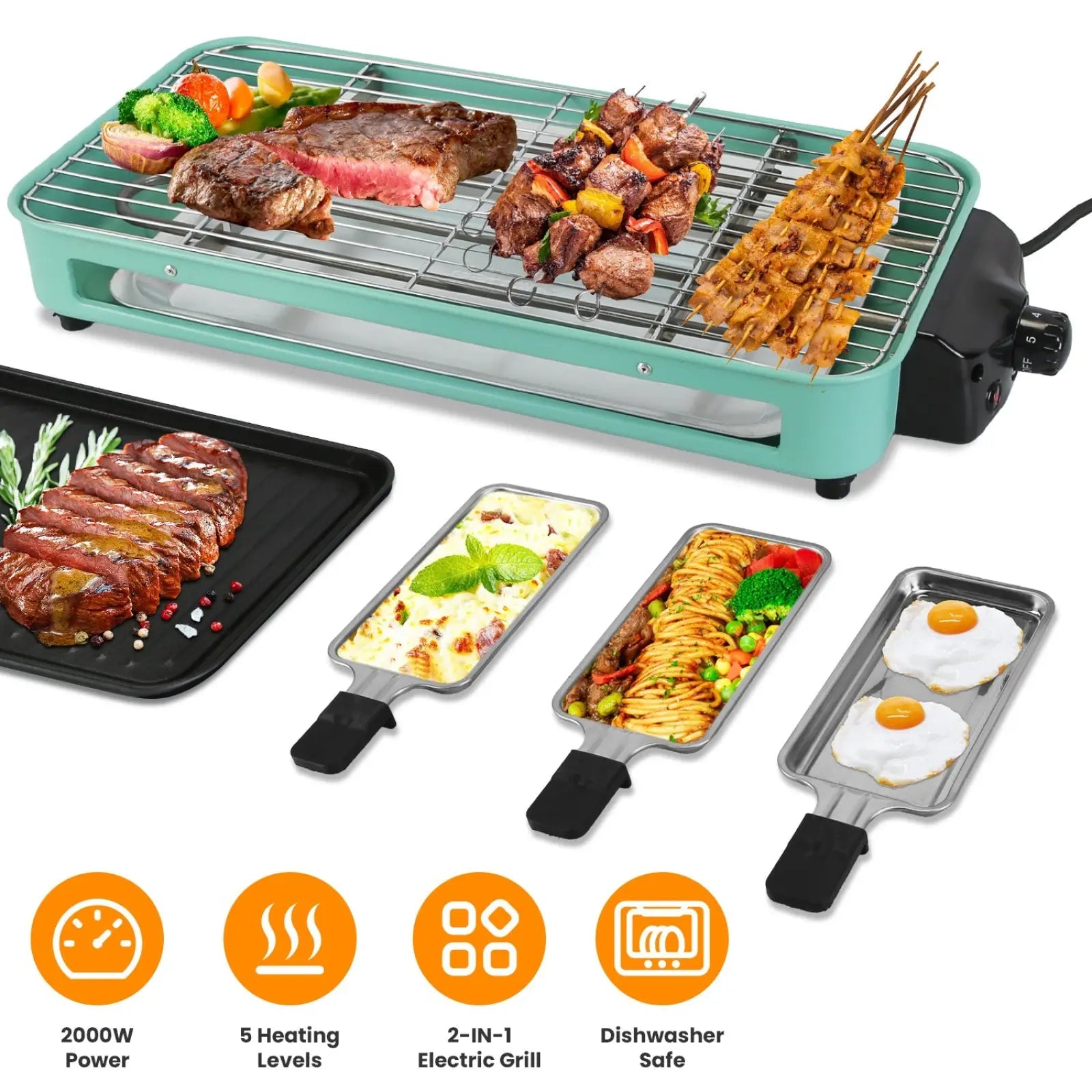 Teal 2000w electric indoor grill with black control panel and four interchangeable raclette cooking trays
