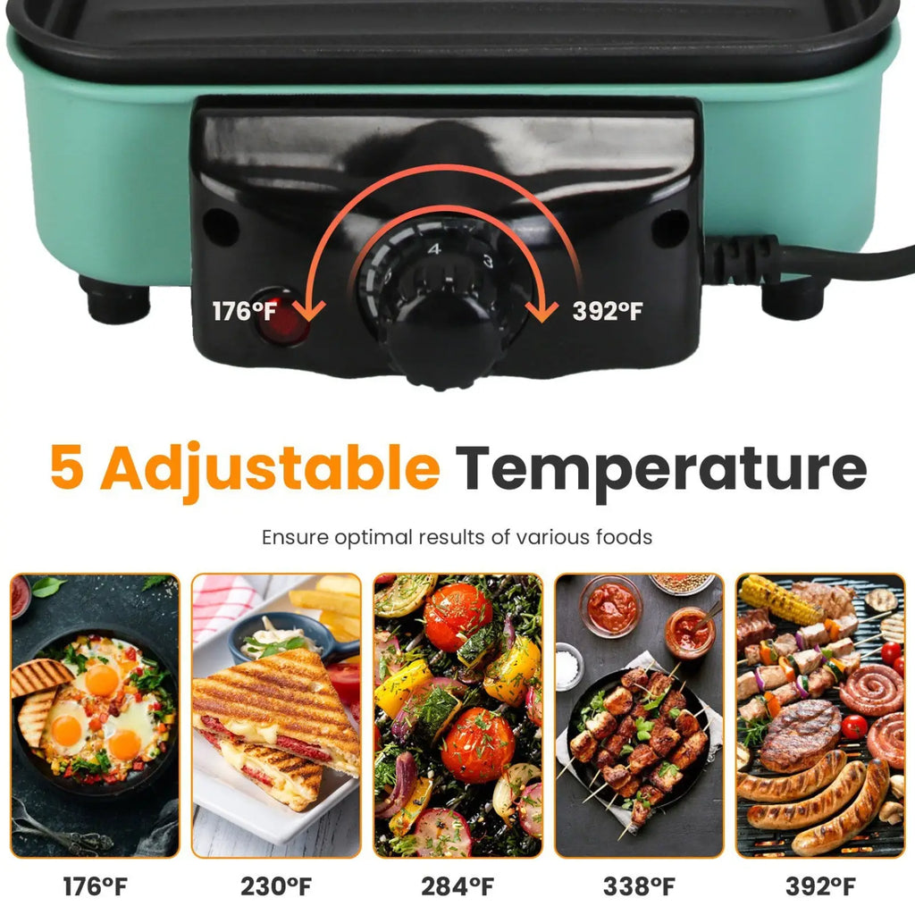 Teal and black 2000w electric indoor grill with five-setting temperature control dial and three raclette trays