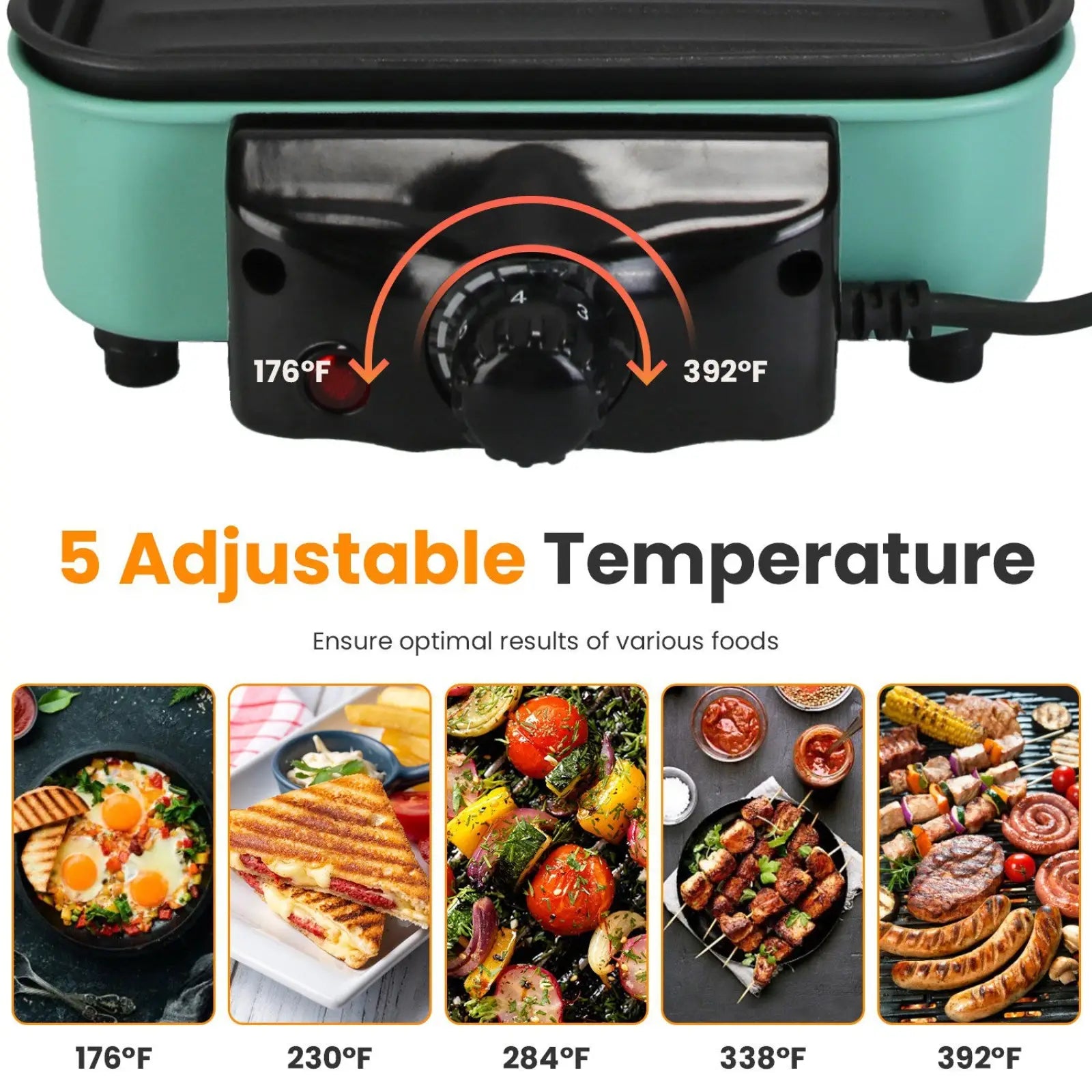 Teal and black 2000w electric indoor grill with five-setting temperature control dial and three raclette trays