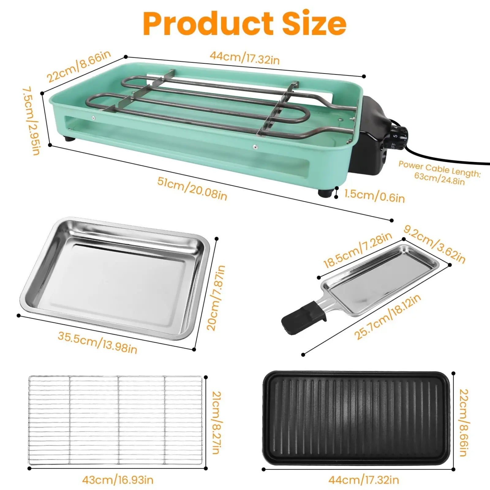 Teal plastic 2000w electric indoor grill with black heating elements and three stainless steel raclette trays and accessories
