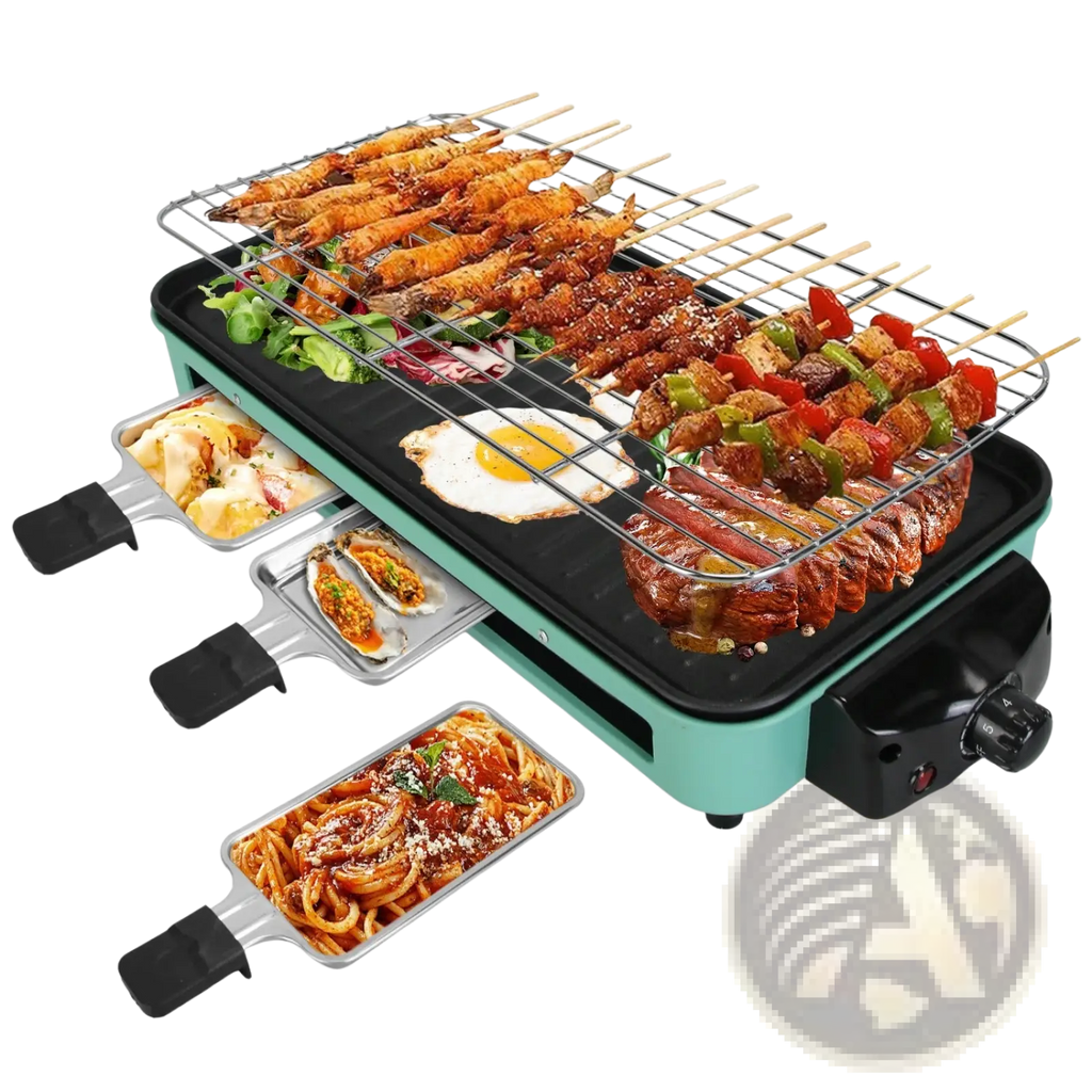 Teal 2000w electric indoor grill with built-in grilling rack and three raclette trays for melting cheese and cooking pasta