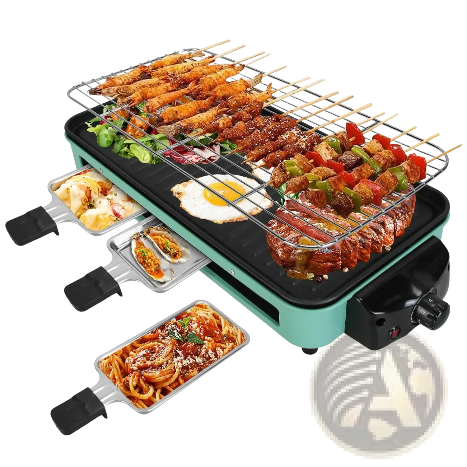 Teal 2000w electric indoor grill with built-in grilling rack and three raclette trays for melting cheese and cooking pasta