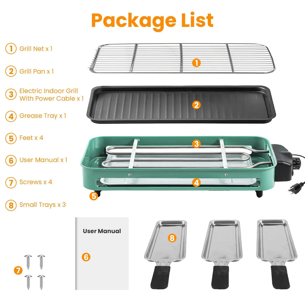 Teal 2000w electric indoor grill with black power cable and silver heating elements featuring 3 raclette trays
