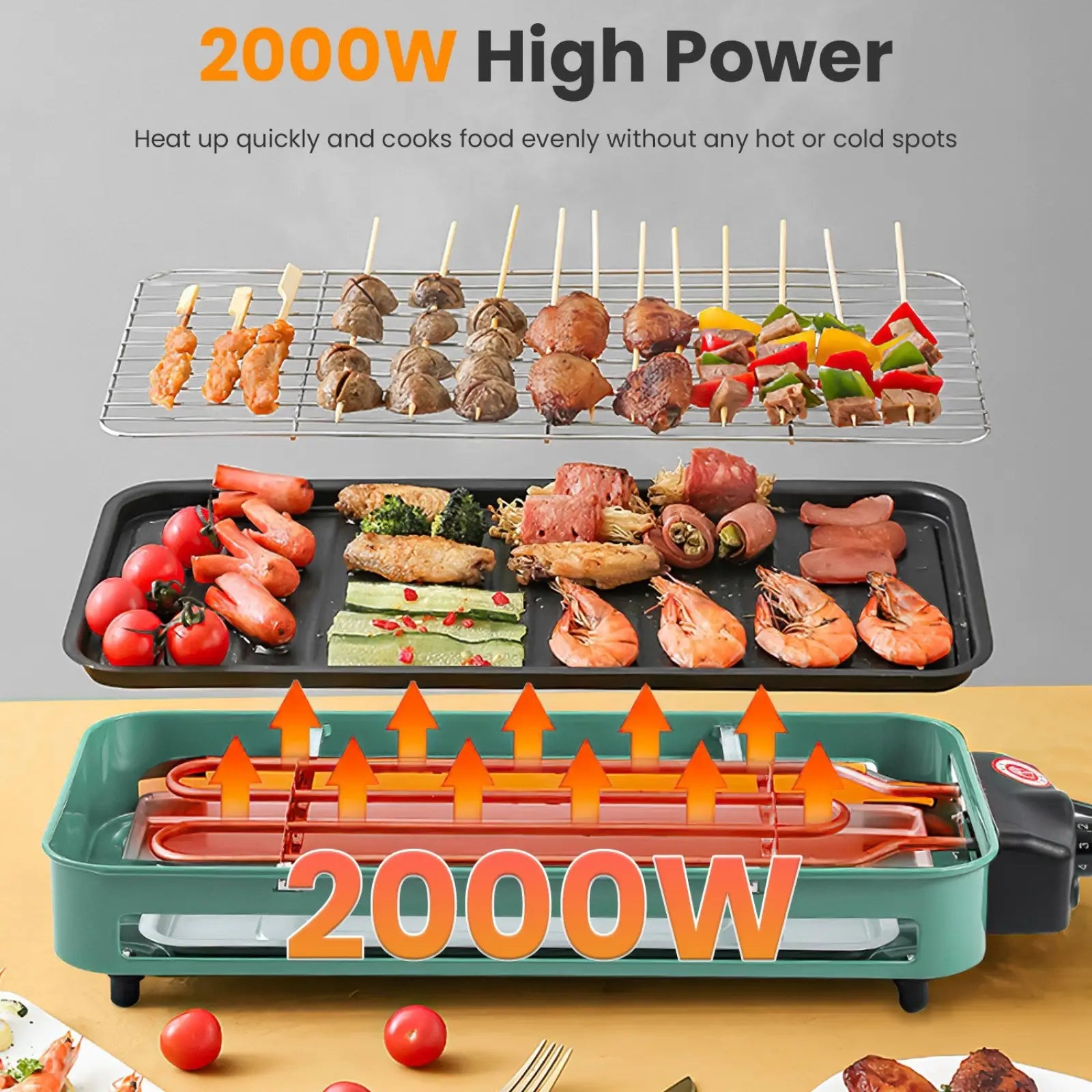 Teal 2000w electric indoor grill with dual-level cooking surface for skewers and flat items and 3 raclette trays