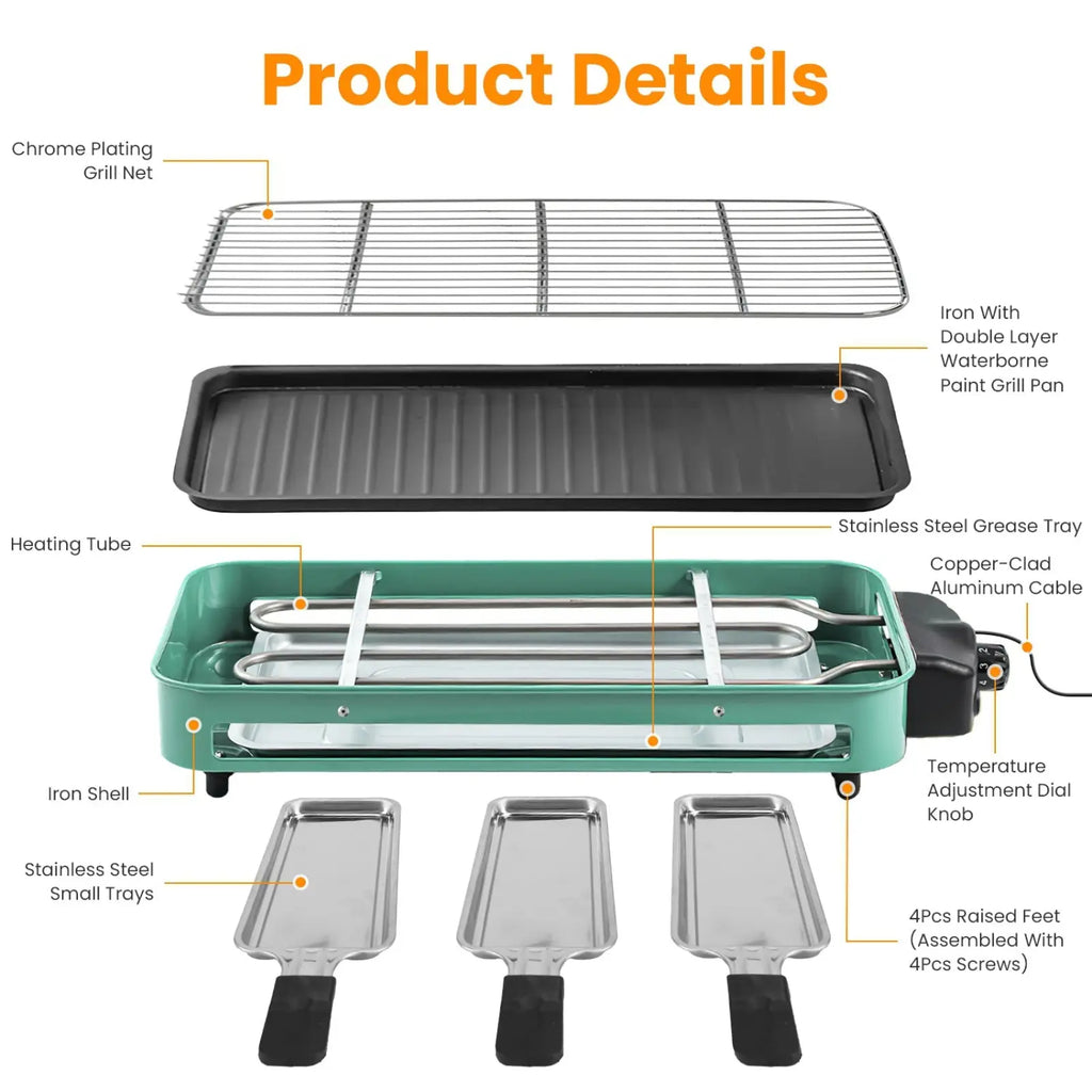 Teal 2000w electric indoor grill with black ribbed surface stainless steel components and 3 raclette trays
