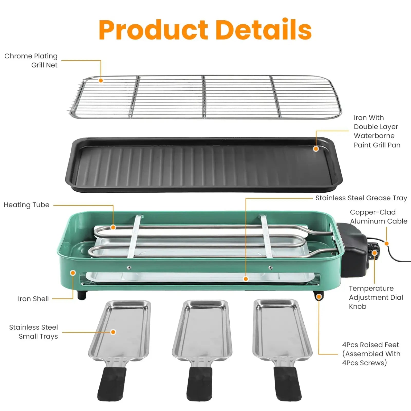 Teal 2000w electric indoor grill with black ribbed surface stainless steel components and 3 raclette trays