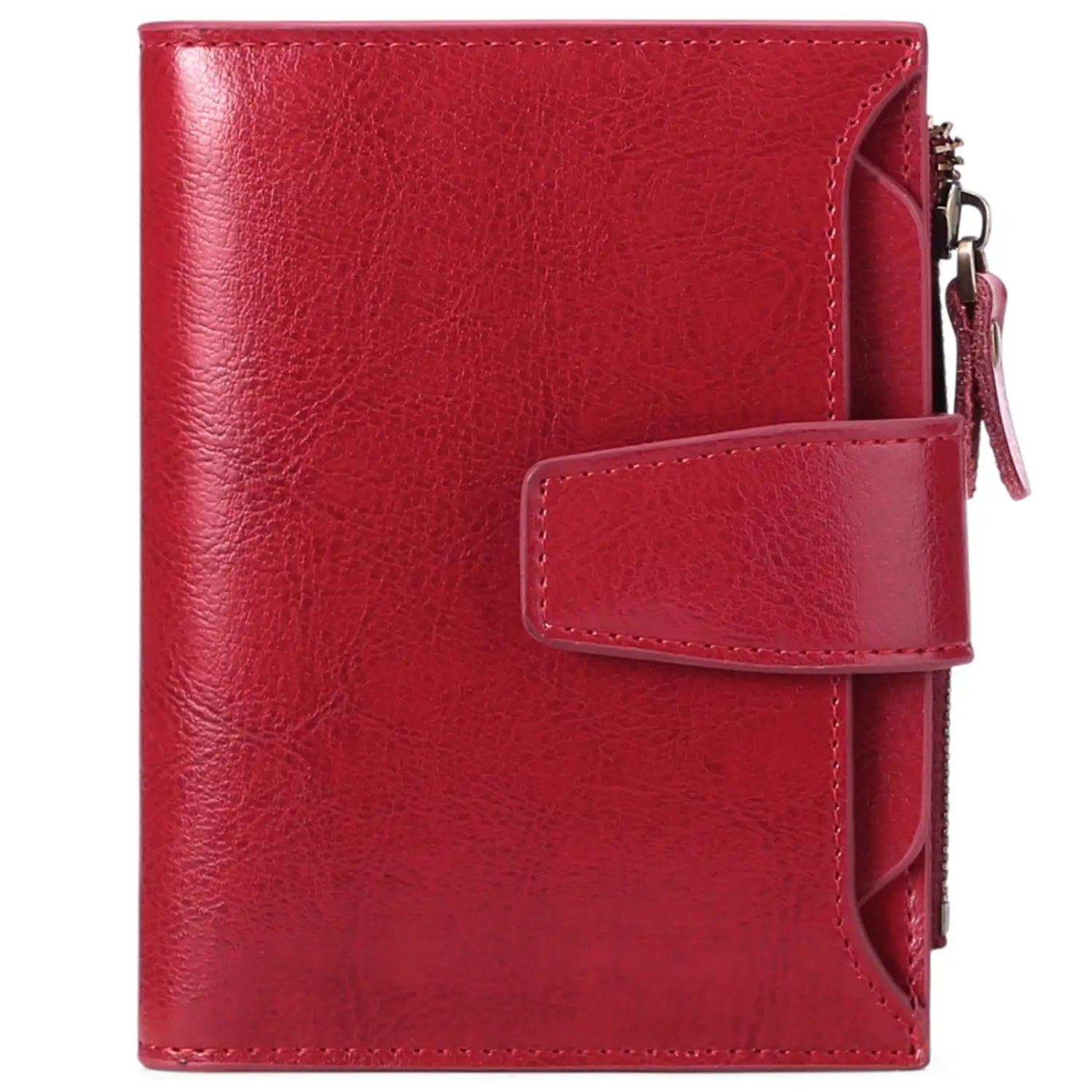 red leather rfid wallet featuring a flap closure and side zipper with anti theft protection.