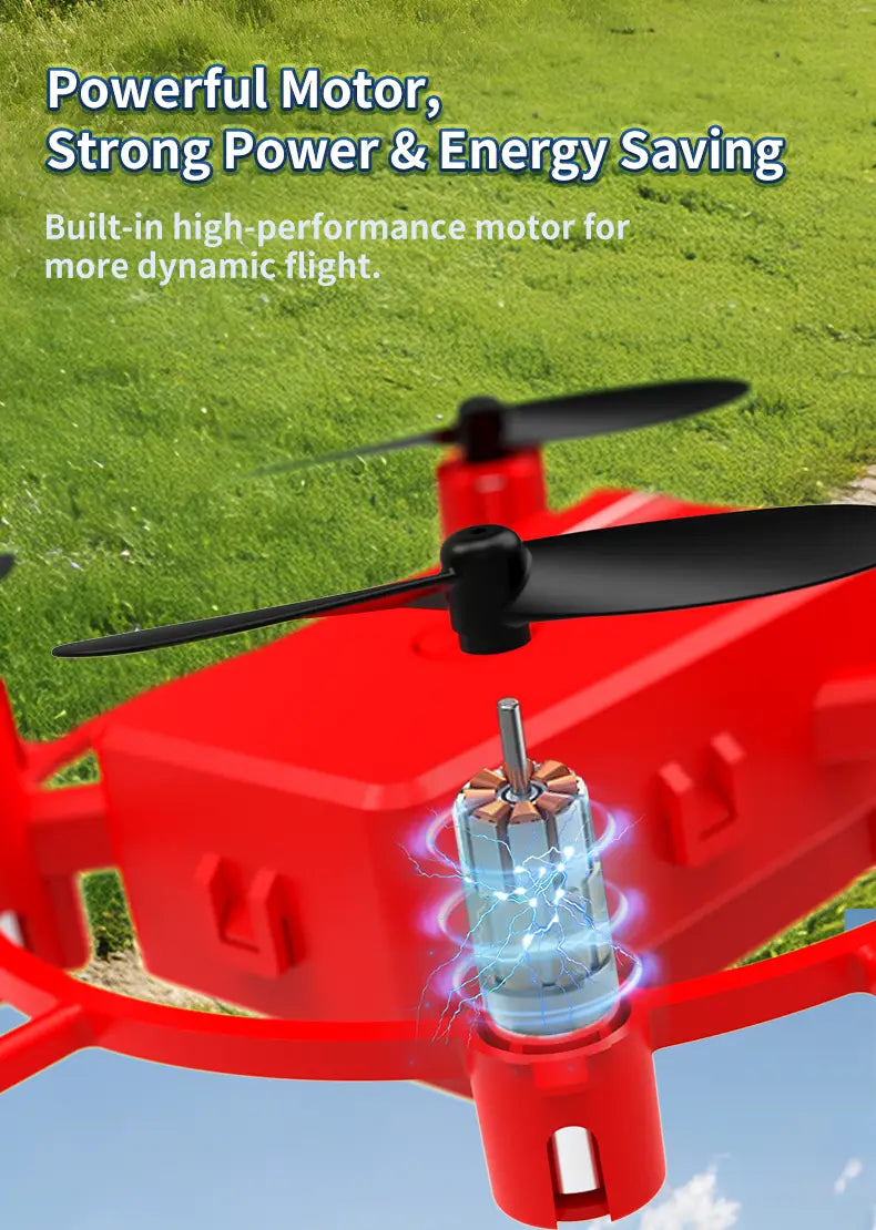 Red quadcopter drone with black propellers and a visible high-performance motor featured in the k26 football drone blue spherical cage toy with dual battery.