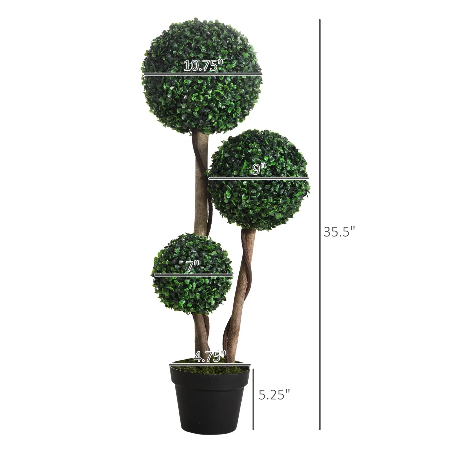 Árbol topiario artificial de boj de 35,5 pulgadas, con tres cabezas de follaje esférico verde en un tallo marrón retorcido, en una maceta negra, incluido en un conjunto de 2.