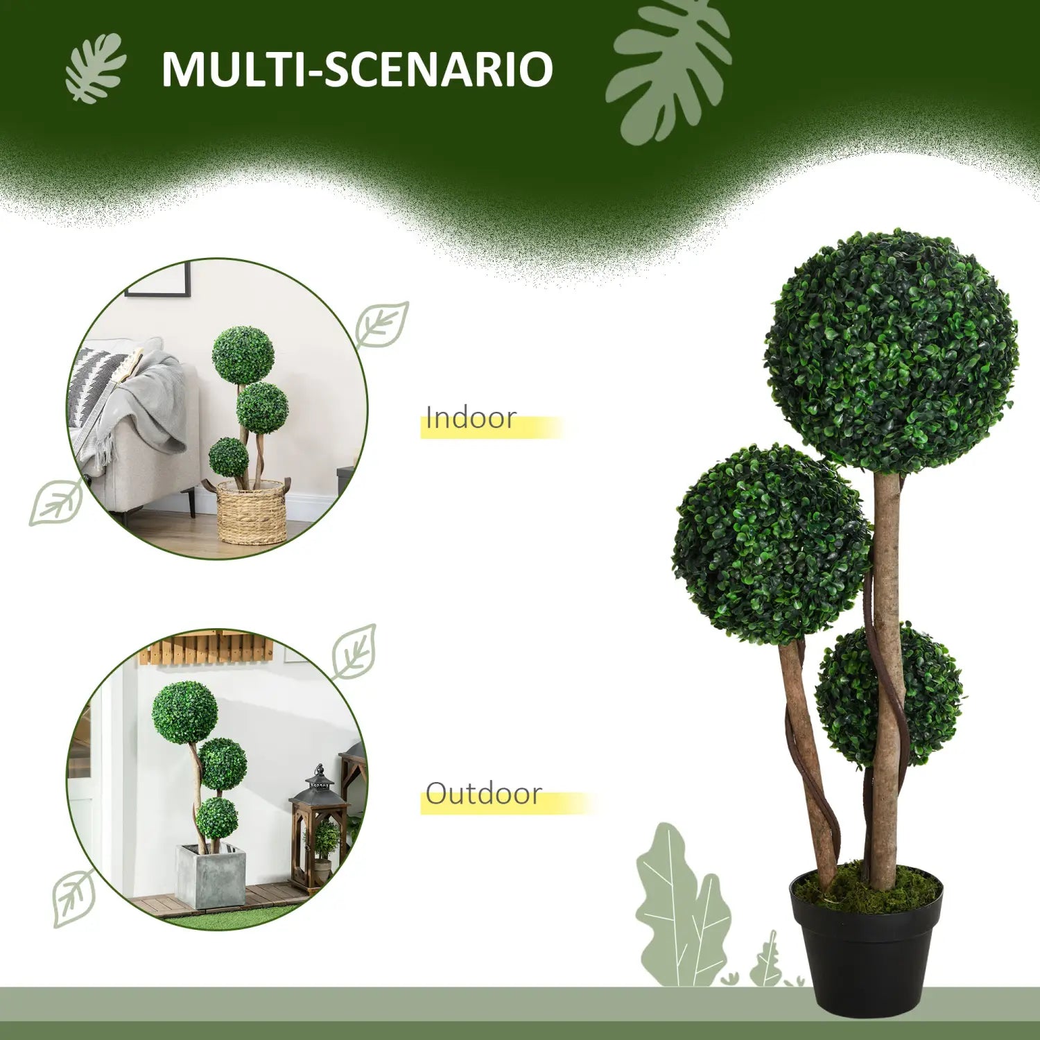 Árbol topiario artificial de boj en tres niveles, con follaje verde exuberante y tallos de color madera natural en una maceta negra, procedente del conjunto de árboles topiarios artificiales de boj de 35,5 pulgadas, que incluye 2 unidades.