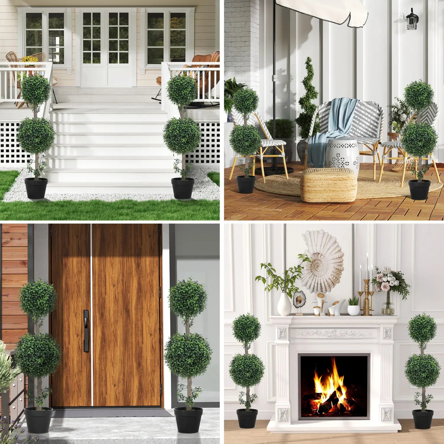 Set of 2 artificial boxwood topiary trees with green foliage in black pots measuring 36 inch.