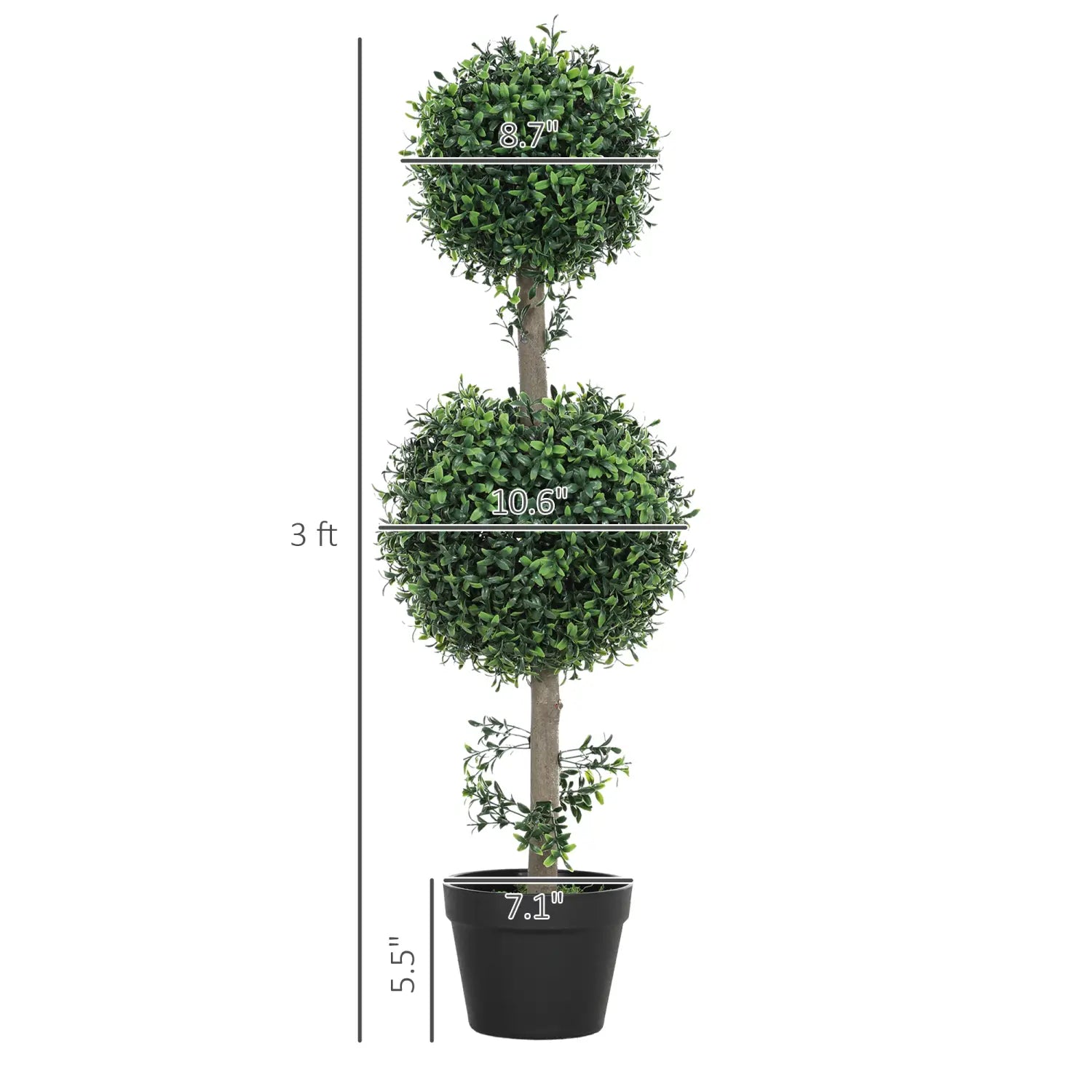 Set of 2 artificial boxwood topiary trees 36 inch featuring tall three-tiered lush green foliage with slender brown trunks in sleek black pots.