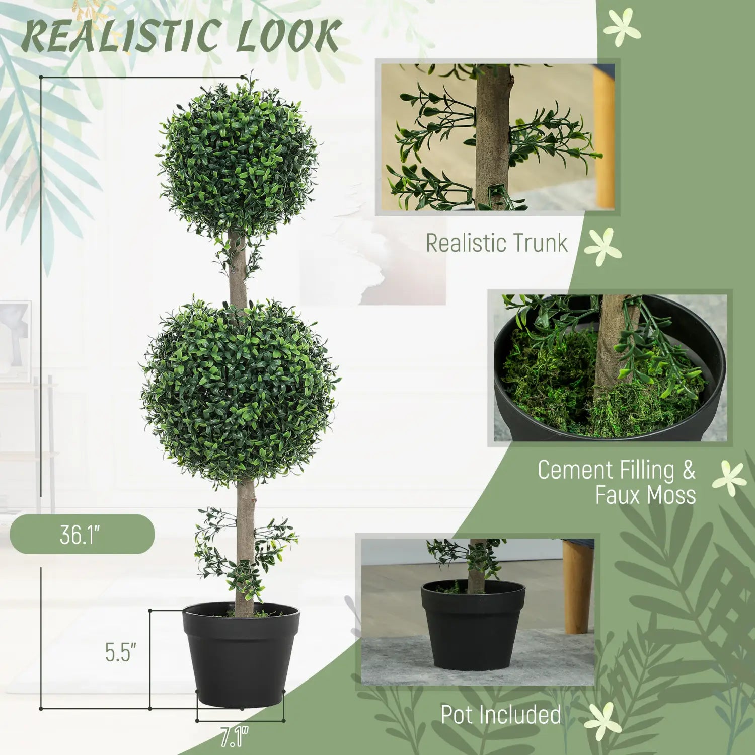 set of 2 artificial boxwood topiary trees 36 inch with lush green foliage, realistic brown trunk, and black pots filled with cement and faux moss for decorative use