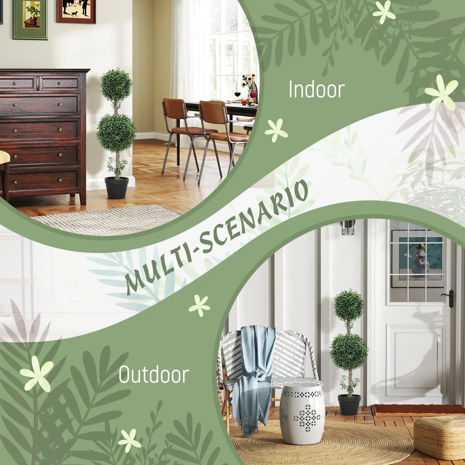 white ceramic garden stool with intricate floral cutout pattern complementing set of 2 artificial boxwood topiary trees 36 inch for outdoor or indoor decoration