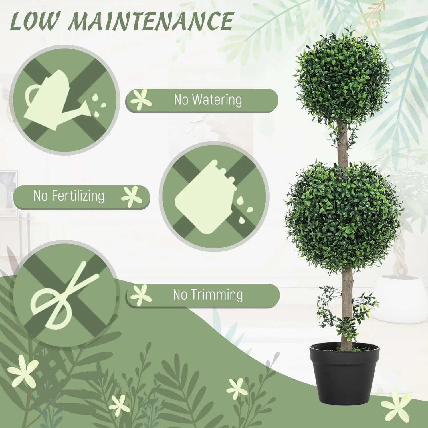 A set of 2 artificial boxwood topiary trees 36 inch featuring lush dark green foliage with two rounded dense spheres stacked vertically on a slender trunk potted in a sleek black container.