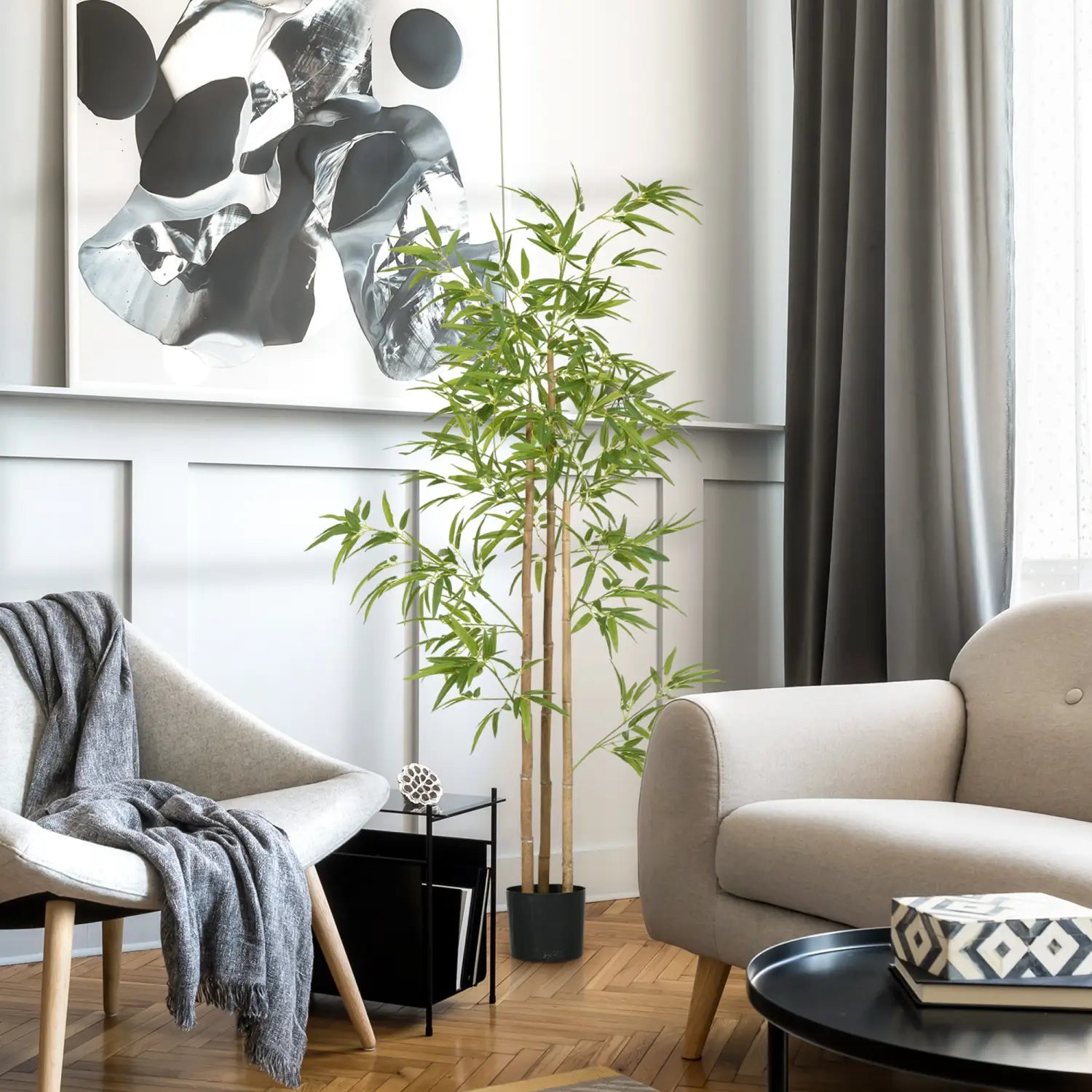 Árbol artificial de bambú de 6 pies para interior, planta decorativa en maceta, con hojas verdes altas en una maceta negra elegante.