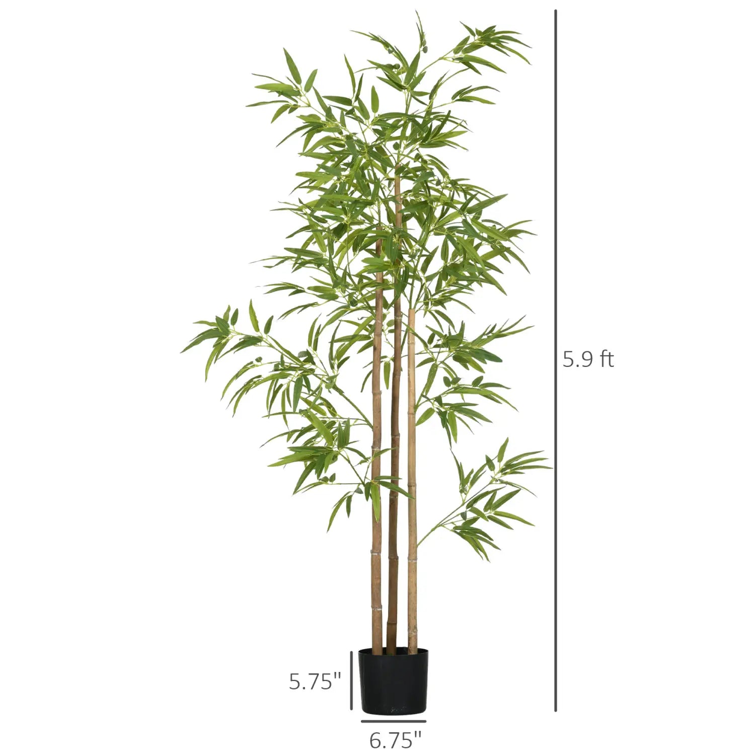Planta artificial de bambú de cinco pies de altura con hojas verdes estrechas y tallos marrones de aspecto natural en una maceta negra elegante, para decoración en interiores.