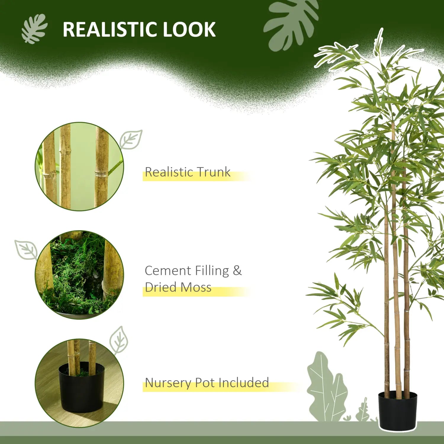 Árbol artificial de bambú de 6 pies con troncos color canela realistas y hojas verdes exuberantes en una maceta negra de vivero llena de cemento y musgo seco para uso en interiores.